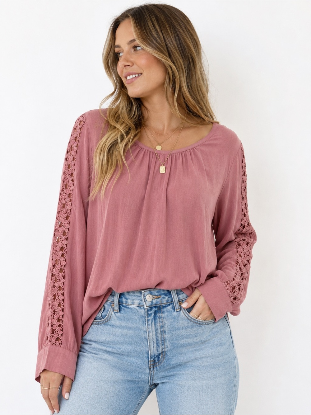 By Design Mauve Pink Lace Sleeve Top Large Boho Flowy Long Sleeve Blouse